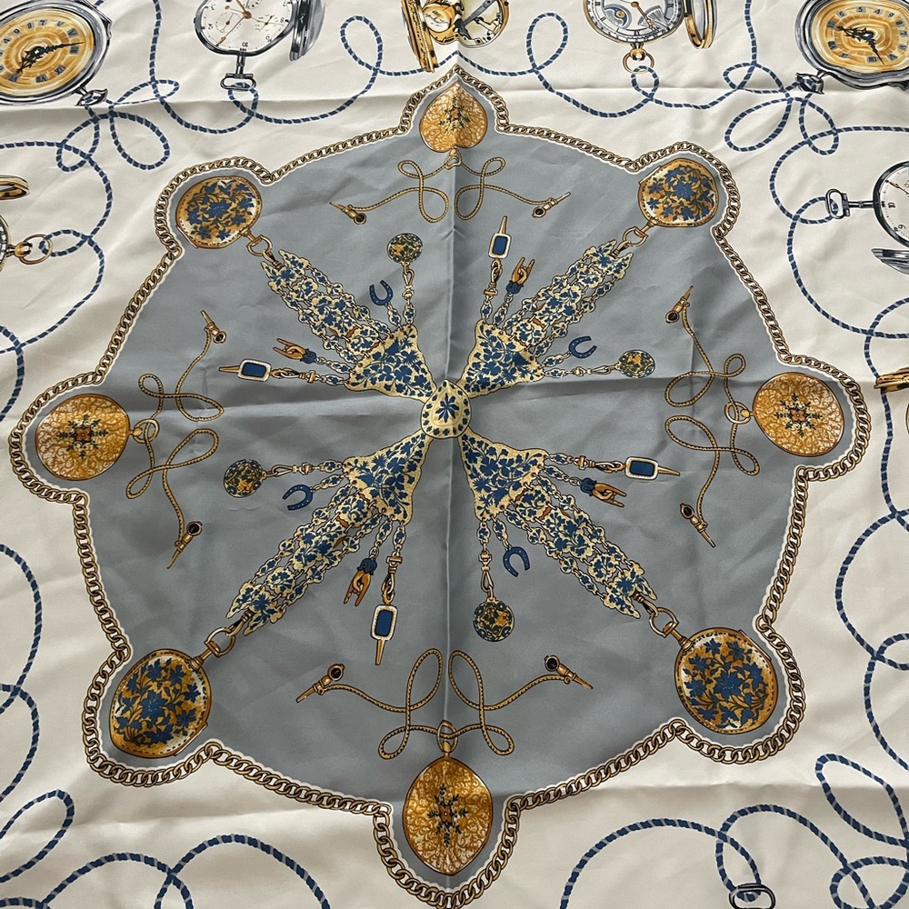 Vintage Rolex Geneva Silk Scarf 100% Silk Blue White EUC Signed 35” by 35” - Picture 3 of 4